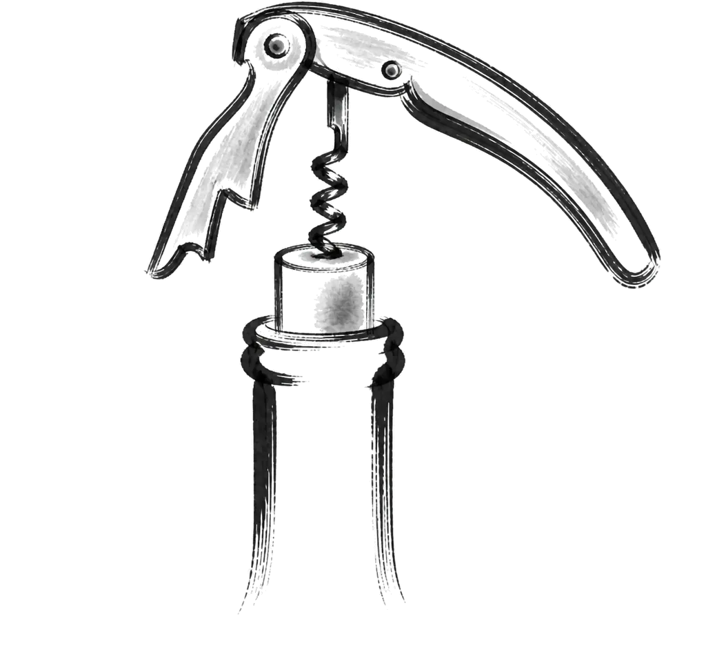 Brush-line drawing of a cork being pulled from a bottle