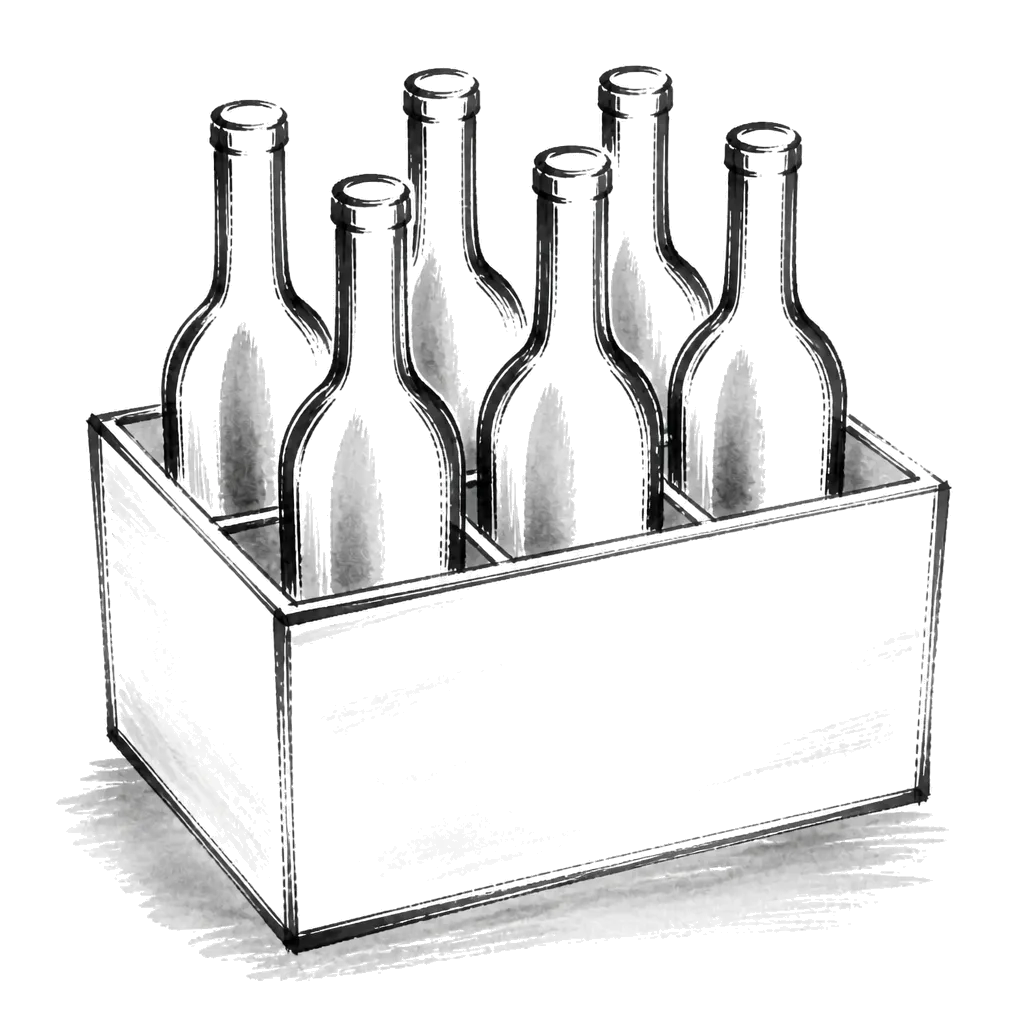 Brush-line drawing of a six-bottle wine crate