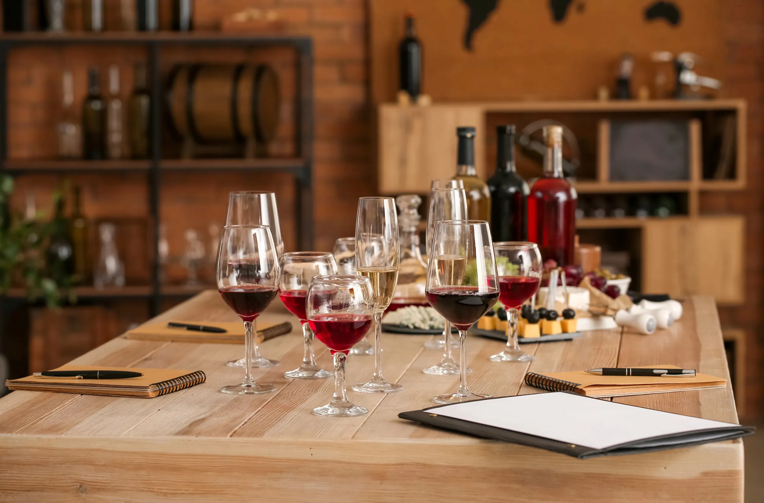 Wine glasses, bottles and notes on a tasting table